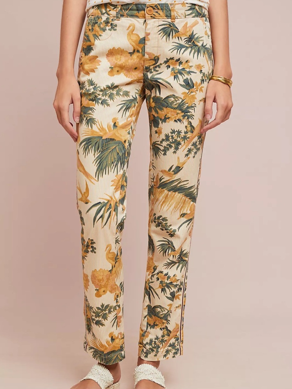Anthropologie Relaxed Print Chino Straight Leg Trousers Tropical Yellow Size 25